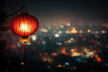 Fototapeta premium A red lantern is hanging from a tree. The lantern is lit up and casts a warm glow. The scene is set in a city at night, with the lantern providing a sense of calm and tranquility