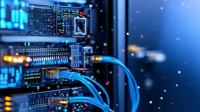 Modern server room activity with IT staff, blinking lights, secure systems, and high-speed data flow in a digital infrastructure environment.