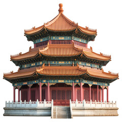 Majestic Chinese Pagoda Ancient Architecture Three Tiered Roof Red Pillars