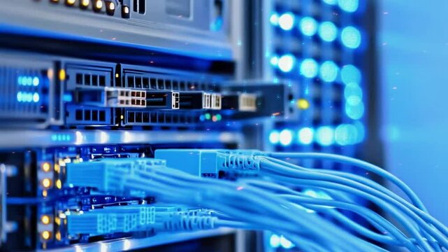 Modern server room activity with IT staff, blinking lights, secure systems, and high-speed data flow in a digital infrastructure environment.