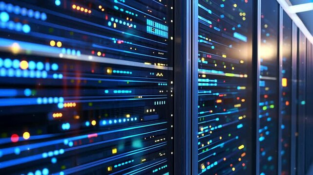 Modern server room activity with IT staff, blinking lights, secure systems, and high-speed data flow in a digital infrastructure environment.