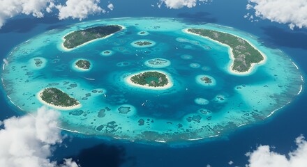 Aerial View of a Tropical Atoll with Numerous Islets and Turquoise Lagoon
