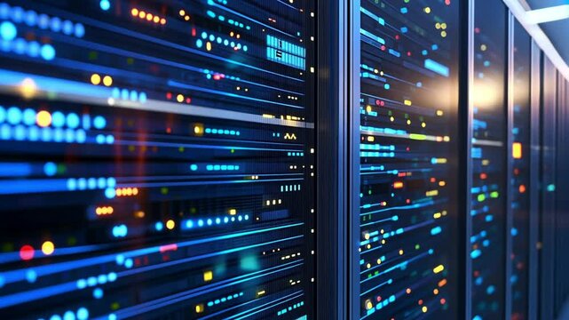 Modern server room activity with IT staff, blinking lights, secure systems, and high-speed data flow in a digital infrastructure environment.