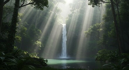 Sunbeams Illuminate Secluded Jungle Waterfall and Pool