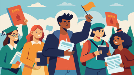 Obraz premium Advocacy groups hand out informational flyers and pamphlets to rallygoers spreading awareness and encouraging them to take action in the fight for. Vector illustration