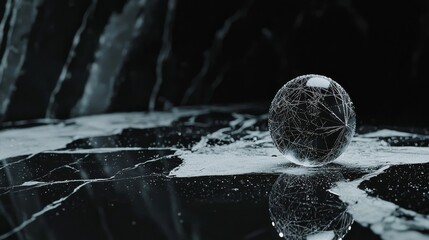 A mesmerizing crystal sphere reflecting intricate patterns on a glossy surface.