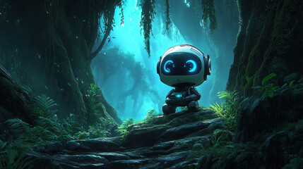 A robot is standing in a forest with a blue sky in the background. The robot is holding a controller and he is playing a video game. Scene is playful and adventurous
