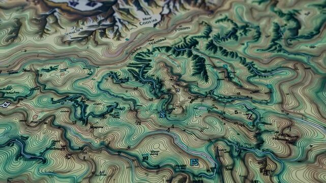 A detailed topographic map with contour lines indicates elevation changes in rugged terrain. Various colors highlight different altitudes, and labels identify geographical features.