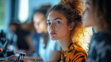 Beauty enthusiasts explore makeup techniques at an urban workshop during a sunny afternoon in a trendy studio