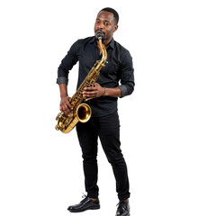 Naklejka premium A Black Male Saxophonist Performing with Passion and Skill Against a Solid transparent background, Showcasing His Musical Talent and Love for Jazz.