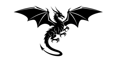 Black Dragon Silhouette Flying with Spread Wings on White Background