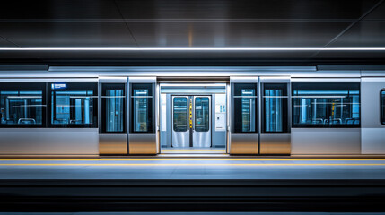 Fototapeta premium A train station with a silver train with the doors open. The station is empty and quiet