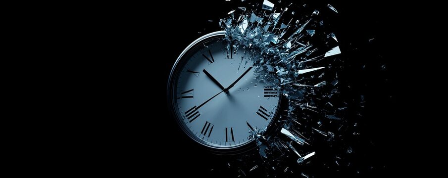 A shattered clock symbolizes the fragility of time and the urgency of life experiences.