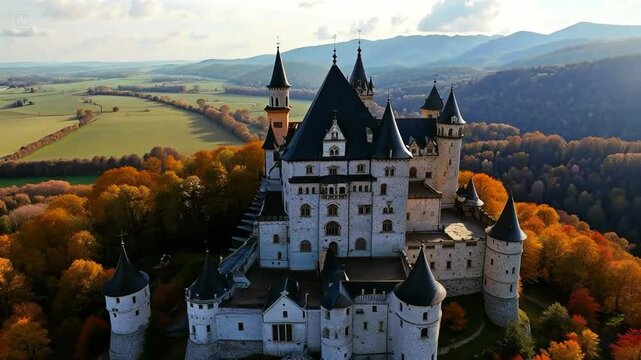 huge medieval castle surrounded by beautiful nature in autumn with beautiful yellow and red leaves on trees, aerial view, drone shot