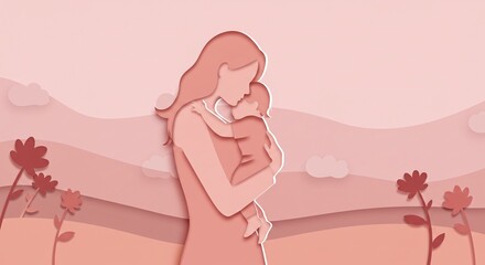 A mother holding a baby in a pink paper cut style illustration with flowers and landscape background - mother's day