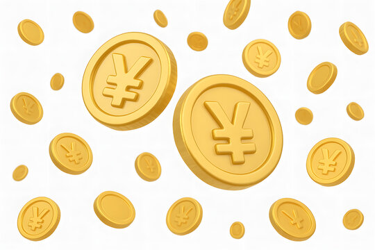 golden Japanese yen coins falling in the air 3d rendering, financial concept with glowing particles on white background