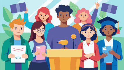 A group of students holding a press conference to bring attention to the increasing student debt crisis and asking for immediate actions from the. Vector illustration