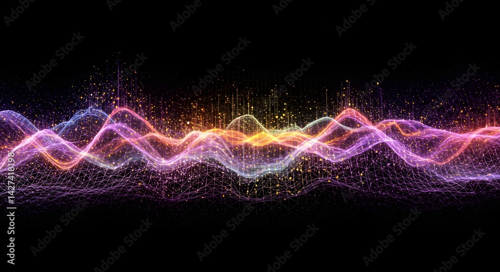 Poster abstract glowing waves with particles and connected lines on a dark background visualization design