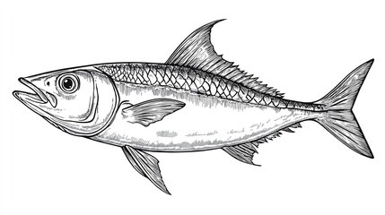 Fototapeta premium Mackerel Fish with Intricate Line Work and Realistic Texture. Isolated White Sketch Engraving Generative AI PNG Illustration. Scratch Board Imitation in Black and White.