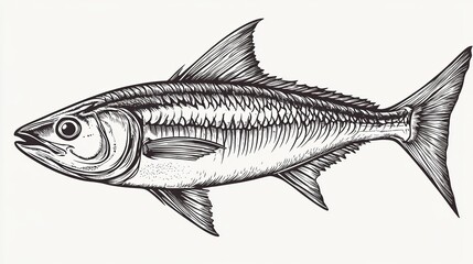 Obraz premium Mackerel Fish with Intricate Line Work and Realistic Texture. Isolated White Sketch Engraving Generative AI PNG Illustration. Scratch Board Imitation in Black and White.