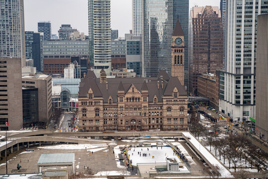 Aerial view of the ice skating rink at Nathan Phillips Square in Toronto. - Powered by Adobe