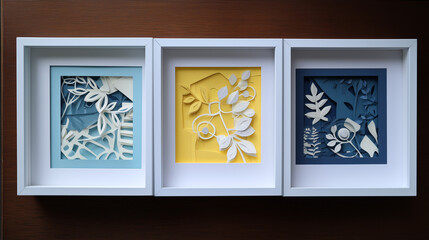 Framed Paper Cutouts In Blue  Yellow  And Navy Background Wallpaper