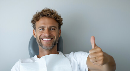 Man in dental chair gives thumbs up after appointment, smiling confidently in bright clinic