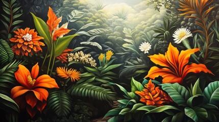 Vibrant tropical flora painting showcases lush jungle foliage.