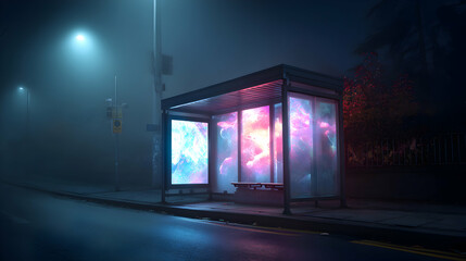 Obraz premium Bus stop displaying nebula-like holograms, glowing amidst fog in a technologically advanced city