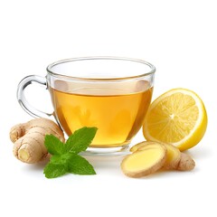 Glass cup with ginger tea, lemon, and mint leaves isolated on white background