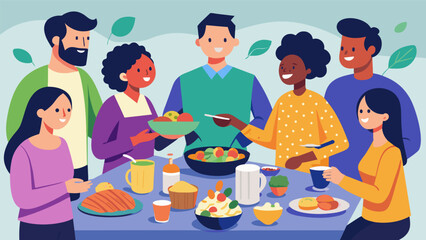 A group of digital nomads gathering for a potluck dinner each bringing their own affordable and healthy dish to share.. Vector illustration