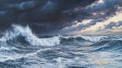 Naklejka premium Ocean's Fury: A Dramatic Seascape Under a Stormy Sky