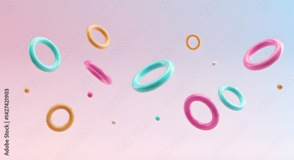Poster a pastel background with floating colorful rings and spheres in a soft gradient light setting