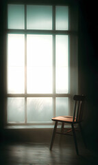 Serene solitude empty chair bathed in soft light beside a large window evocative calm moment