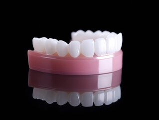 Obraz premium Dental model showcasing realistic teeth in pink gum line on a reflective surface