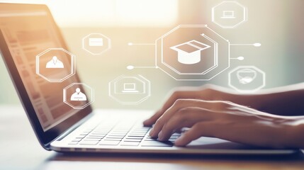 A person using an AI-powered interface to create digital educational content on their laptop,