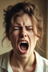 Intense studio shot of a distressed individual yelling in anguish, tousled hair and contorted face symbolizing inner turmoil, anxiety, and cathartic expression—impactful image for mental‑health awaren