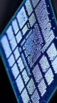 Vertical video of Close-up semiconductor chip, the future supercomputer technology 