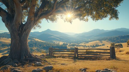 Obraz premium Sunrise Mountain Ranch, Tree, Fence, Scenic View