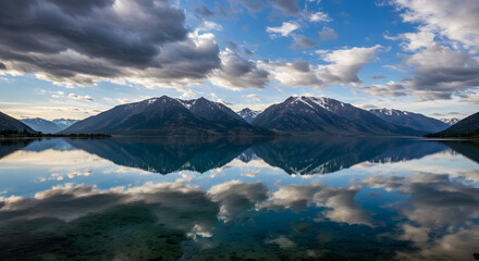 Mountains Reflected in Calm Lake Water Under Cloudy Sky Landscape