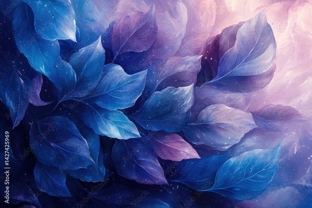 Poster Intricate blue floral pattern with cosmic elements creating a serene atmosphere at twilight
