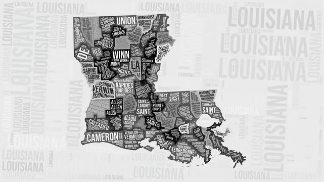 Louisiana Animation. Visual effect of Louisiana counties appearing in black and white word clouds style. State intro video. Artistic Animated Motion Graphics.