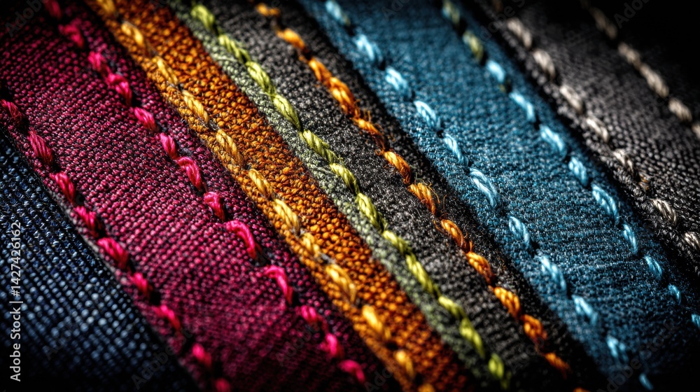 Poster Detailed Close-Up of Denim Fabric Showcasing Colorful Stitching Patterns in Vibrant Hues and Textures