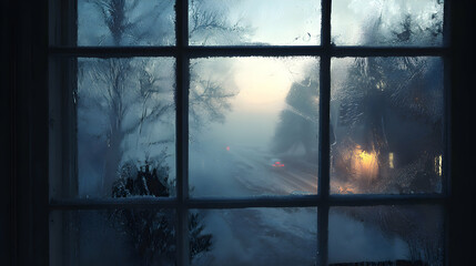 A frosty window view reveals a chilly outdoor scene at dusk, showcasing winter's artistry