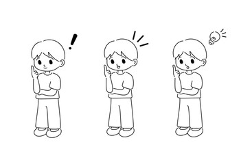 男の子のひらめき全身ポーズ　白黒