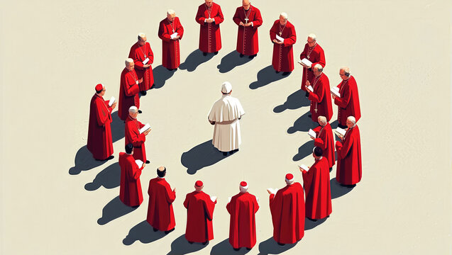From a high angle, the illustration shows the Pope in white facing away, surrounded in a circle by cardinals in red with open books.