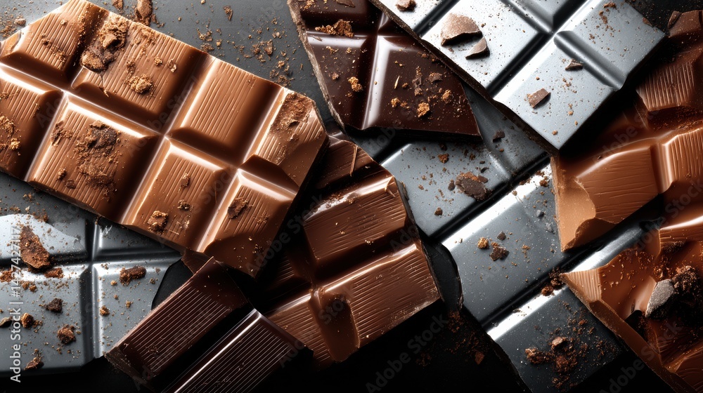 Aufkleber delicious macro view of broken chocolate bar squares with shiny texture and rich detail