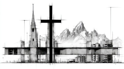 Abstract Double Exposure Art of Modern Architecture and Mountains with Doodle Style Elements