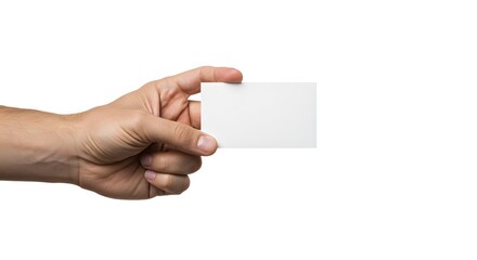 Fototapeta premium A hand holding a blank white card against a plain white background in a studio setting view