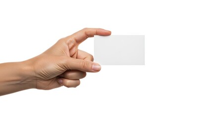 Fototapeta premium A hand holding a blank white card against a white background in a studio shot for advertising use